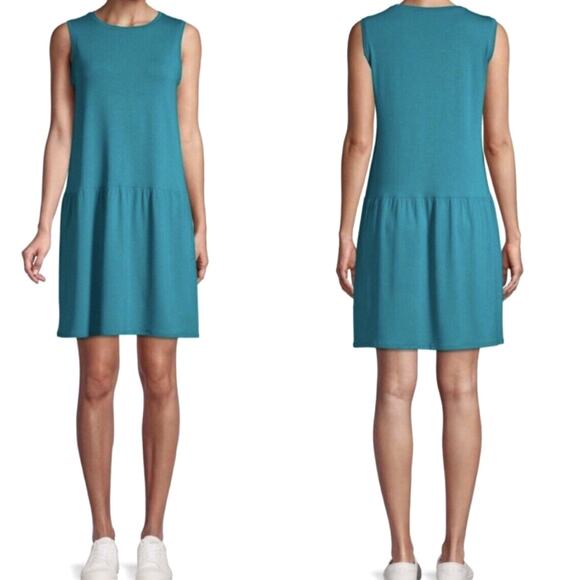 Eileen Fisher Size XS Sleeveless Drop Waist Tunic Dress Turquoise Blue - Picture 2 of 10